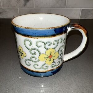Vintage Otagiri Stoneware Coffee Mug Cup Speckled Glaze Yellow Flowers Blue Trim
